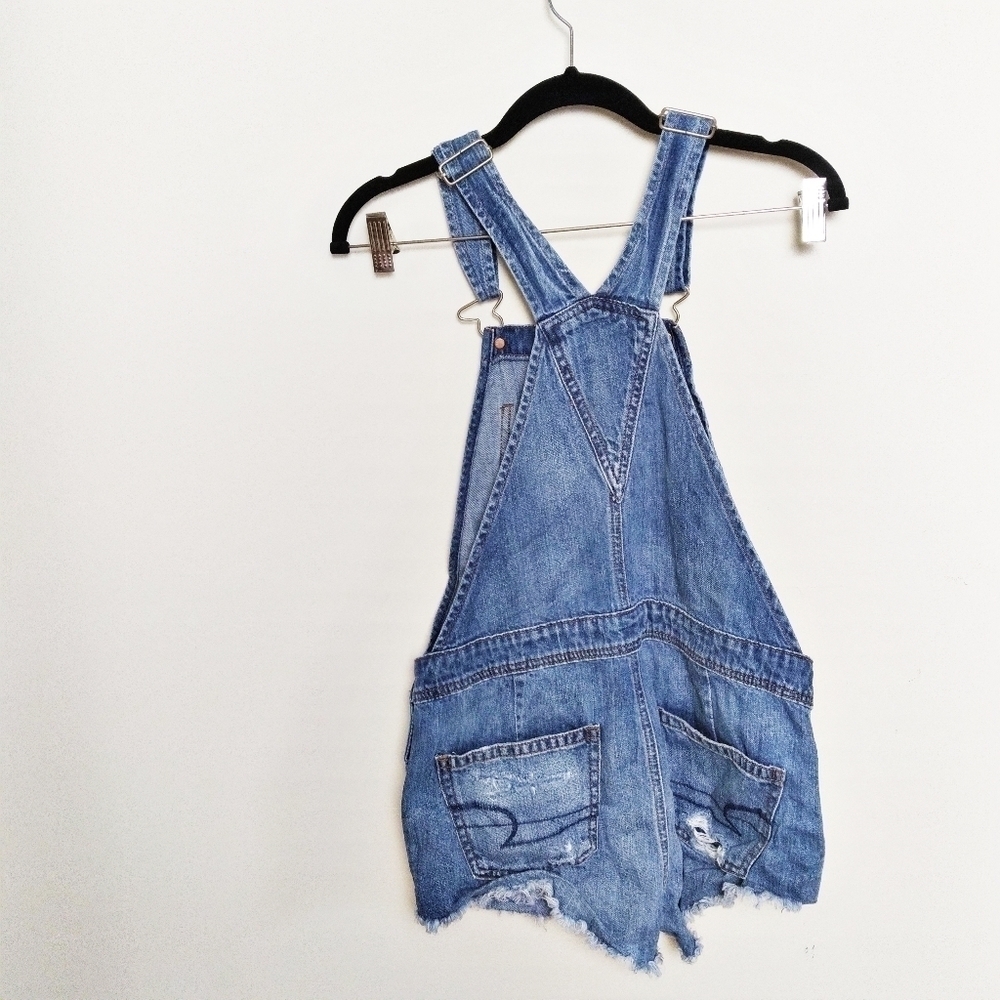 American Eagle Outfitters Short Denim Distressed Medium Wash Overalls Size Xs - Picture 2 of 10